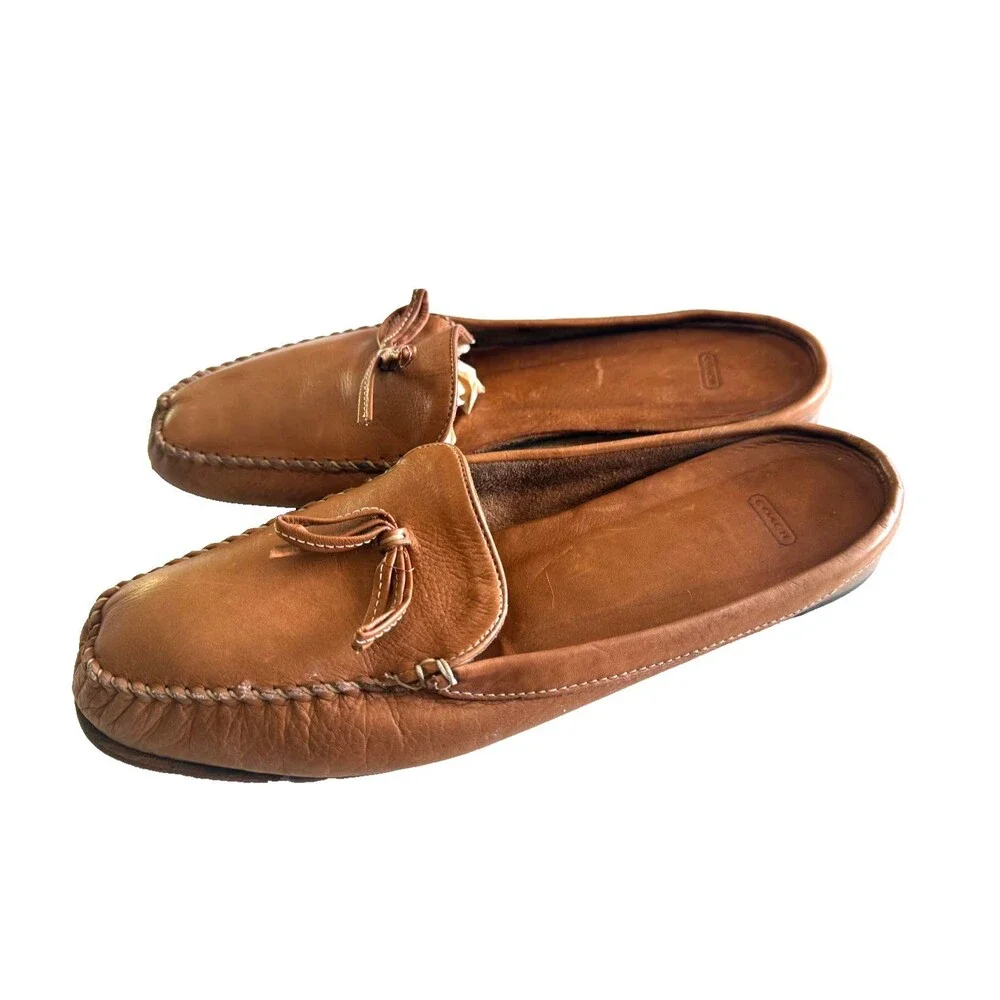 COACH Rayna Soft Brown Leather Bow Mocassin Mules ITALY Size 9.5 B